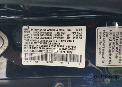 2010 Honda Cr-V Ex-L z USA, uszkodzony, nr VIN 5J6RE4H75AL023995